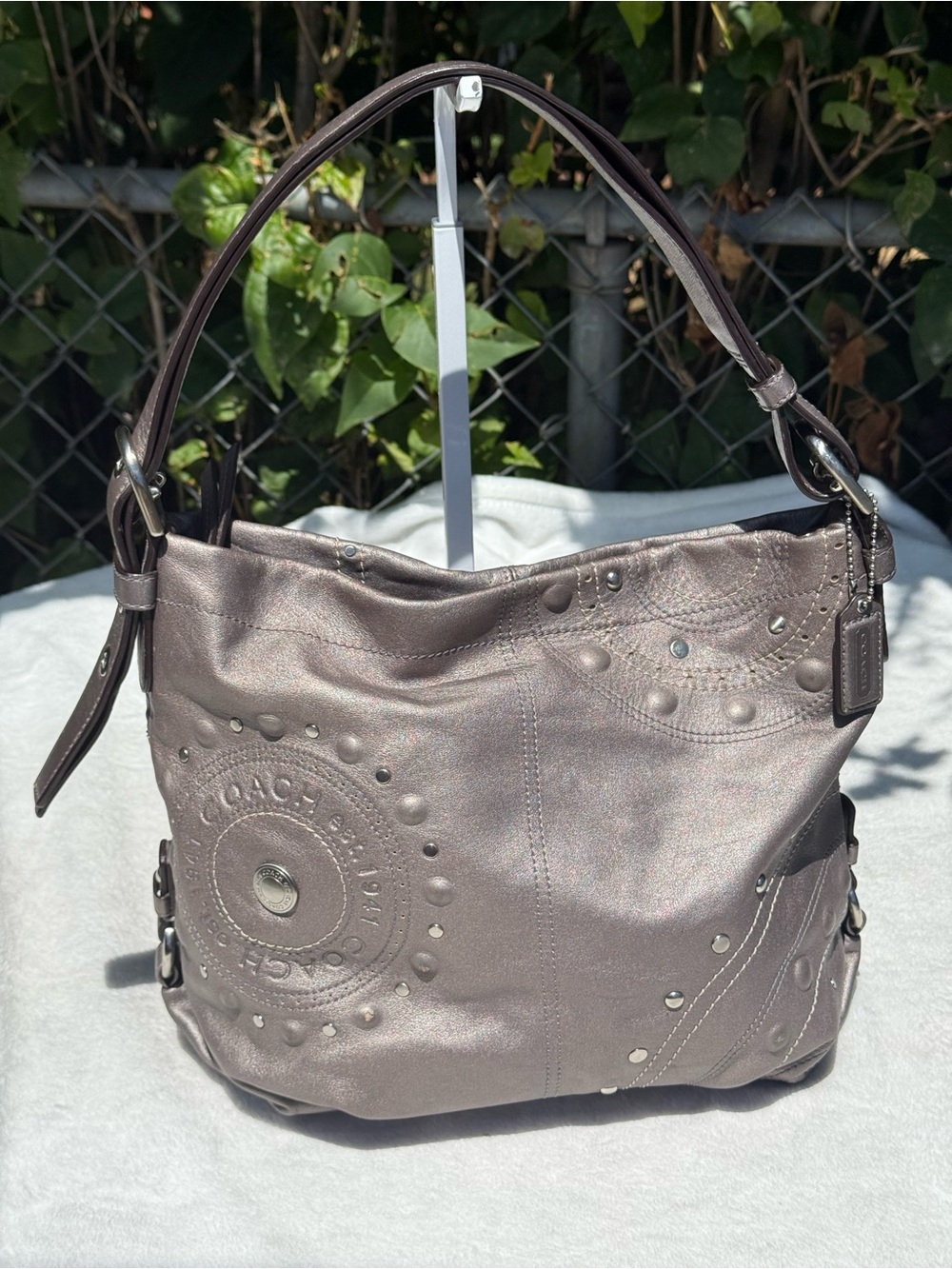 Coach Hobo Bag Grey Leather Studded Appliqué Duffel Silver Graphite